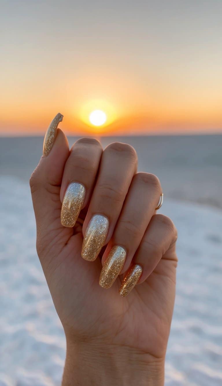 Sunset casts a warm glow on a hand adorned with gold acrylic nails, each featuring a glittering ombre design