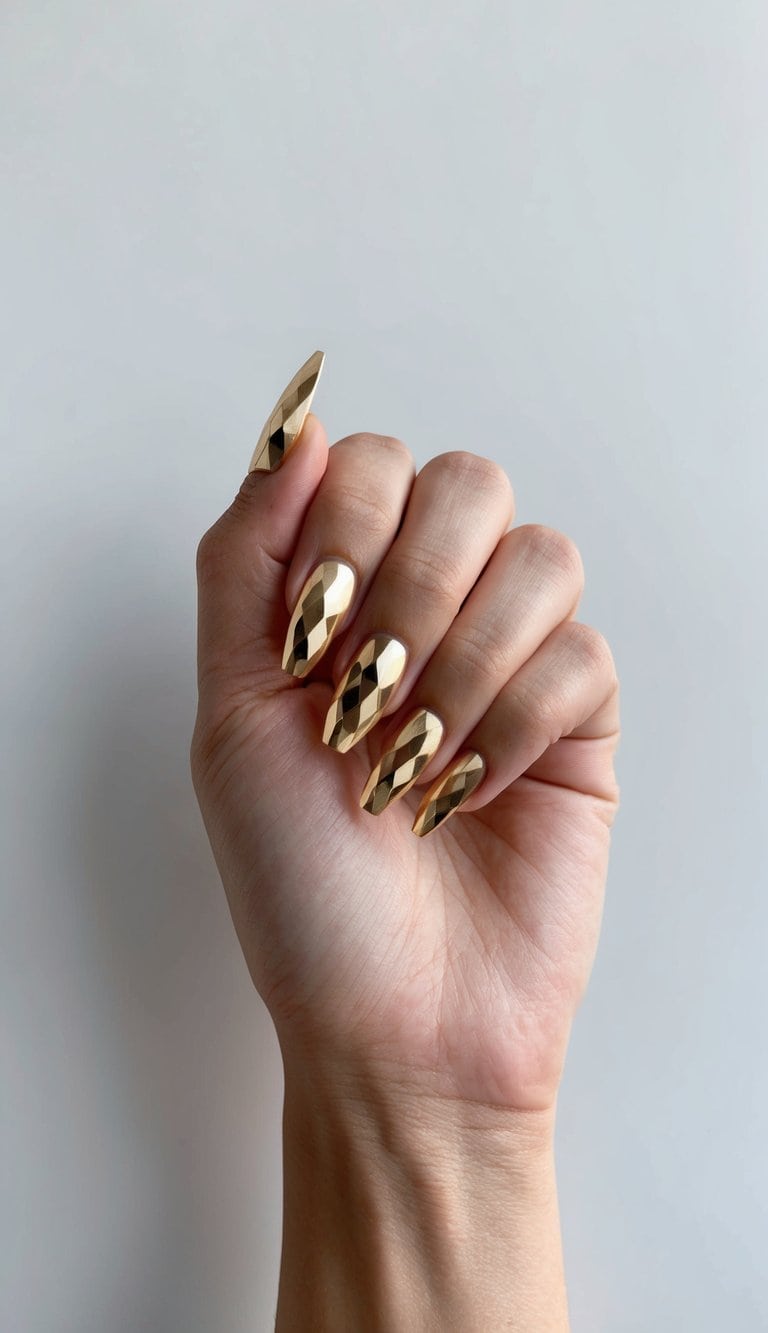 A sleek, modern hand holding a set of gold geometric acrylic nails against a clean, minimalist background
