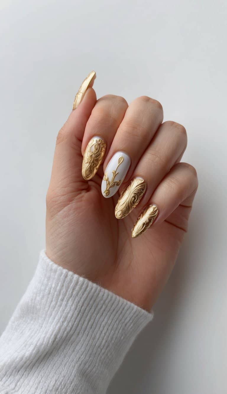 A white background with intricate gold acrylic nail art designs