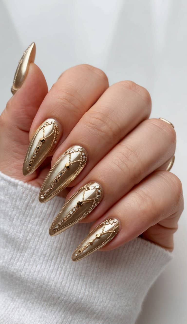 A close-up of metallic gold acrylic nails with intricate designs and shimmering details