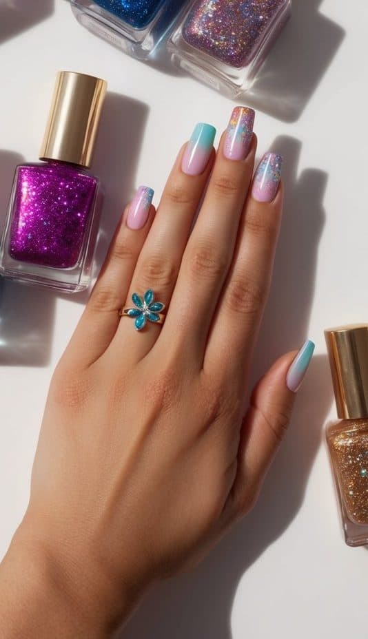 A set of vibrant nail polish bottles arranged on a table with glittery gradients and playful designs