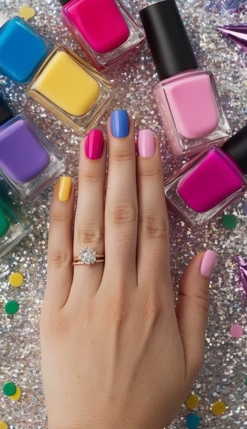 Vibrant nail polish bottles arranged on a sparkly, glittery backdrop with confetti and party decorations scattered around