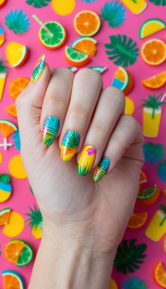 A colorful array of tropical drink motifs scattered across a vibrant background, evoking a festive and playful atmosphere for a bachelorette party nail art design