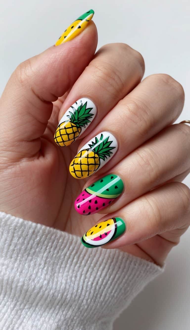 A vibrant tropical fruit-themed nail art design with bold and playful colors, including pineapples, watermelons, and coconuts