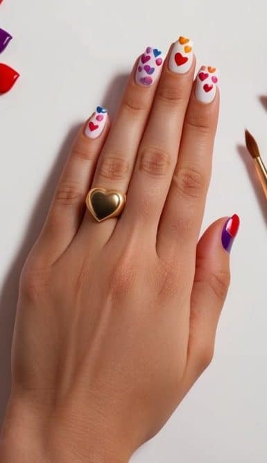 A colorful array of love hearts and kisses nail art designs arranged on a table with various nail polish bottles and brushes