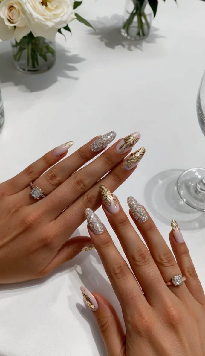 A table adorned with elegant bridal shower nail art designs, featuring glistening and glamorous patterns in a chic and classy style