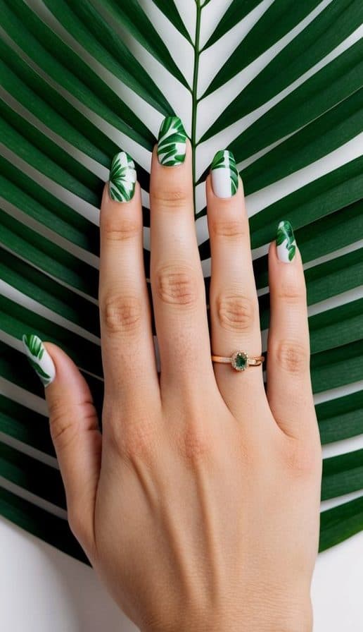 Lush green palm leaves arranged in an elegant and sophisticated pattern, with a tropical vibe