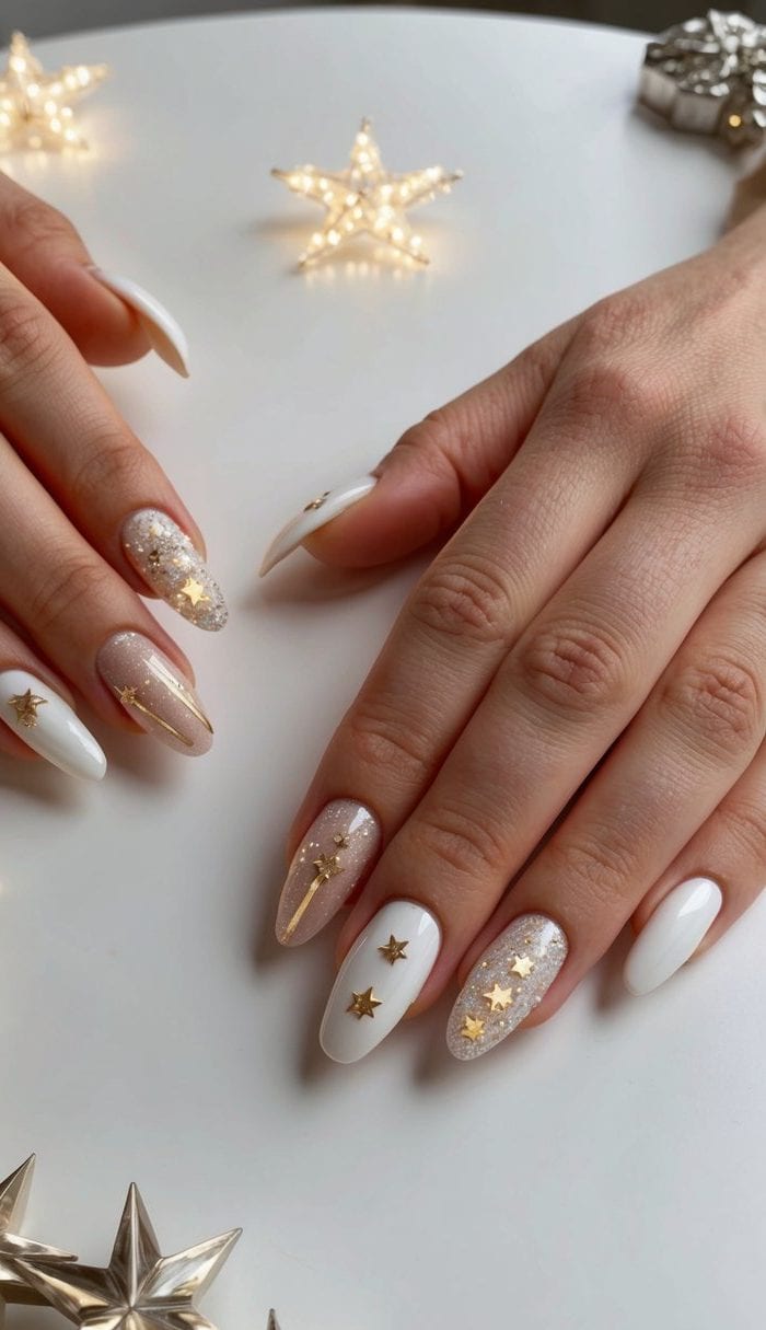 A table adorned with elegant bridal shower nail art designs, featuring twinkling starlight accents