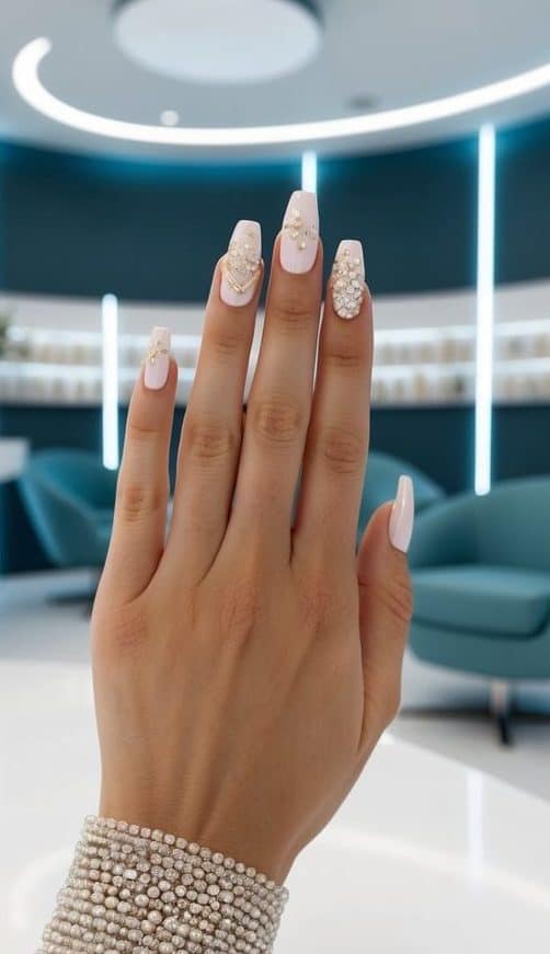 A sleek, modern nail salon with futuristic decor and a display of 50 elegant bridal shower nail art designs