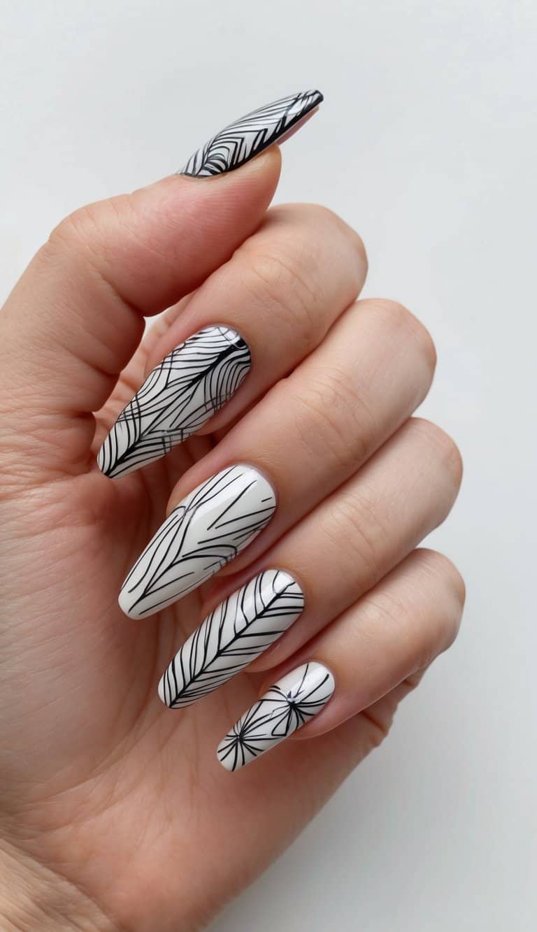 A close-up view of various nail designs with intricate line art patterns