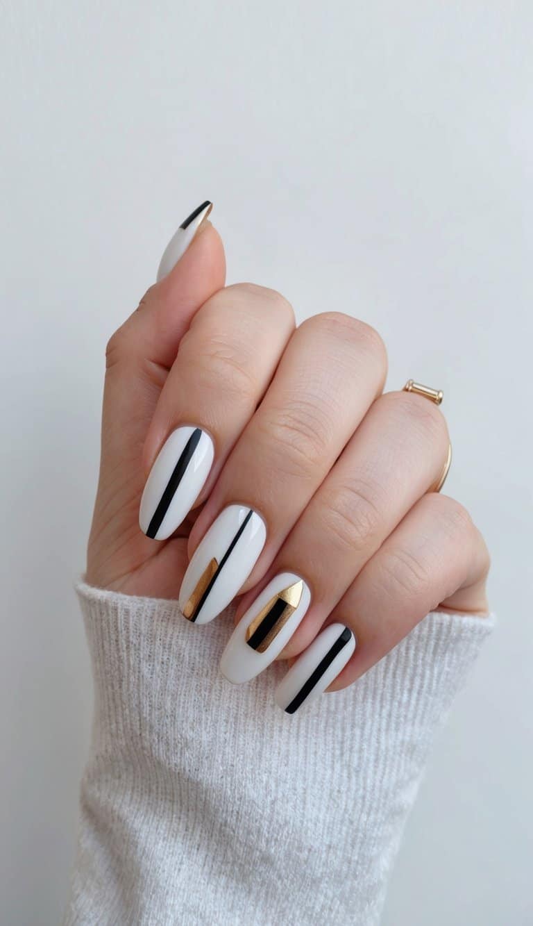 A hand with minimalist geometric nail art designs on a clean, white background