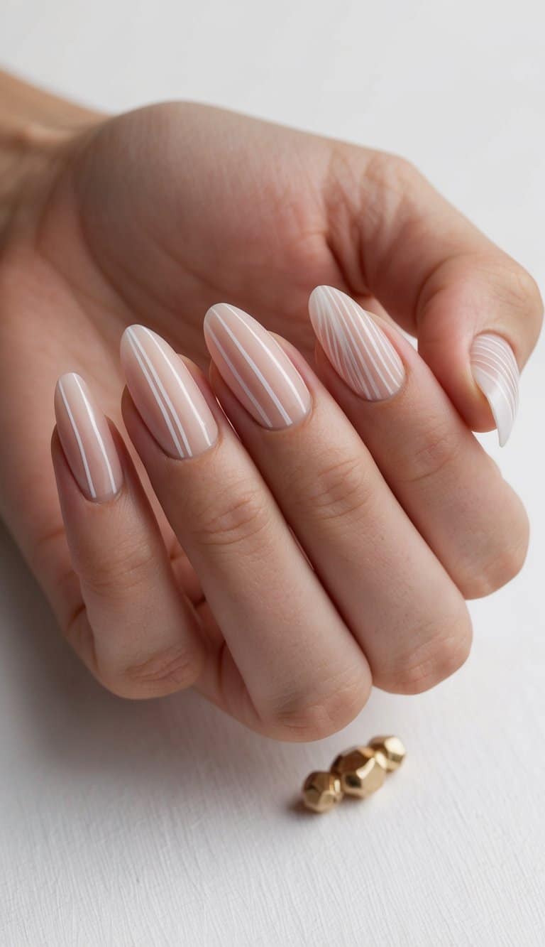 Delicate lines intersecting on fingernails in various patterns
