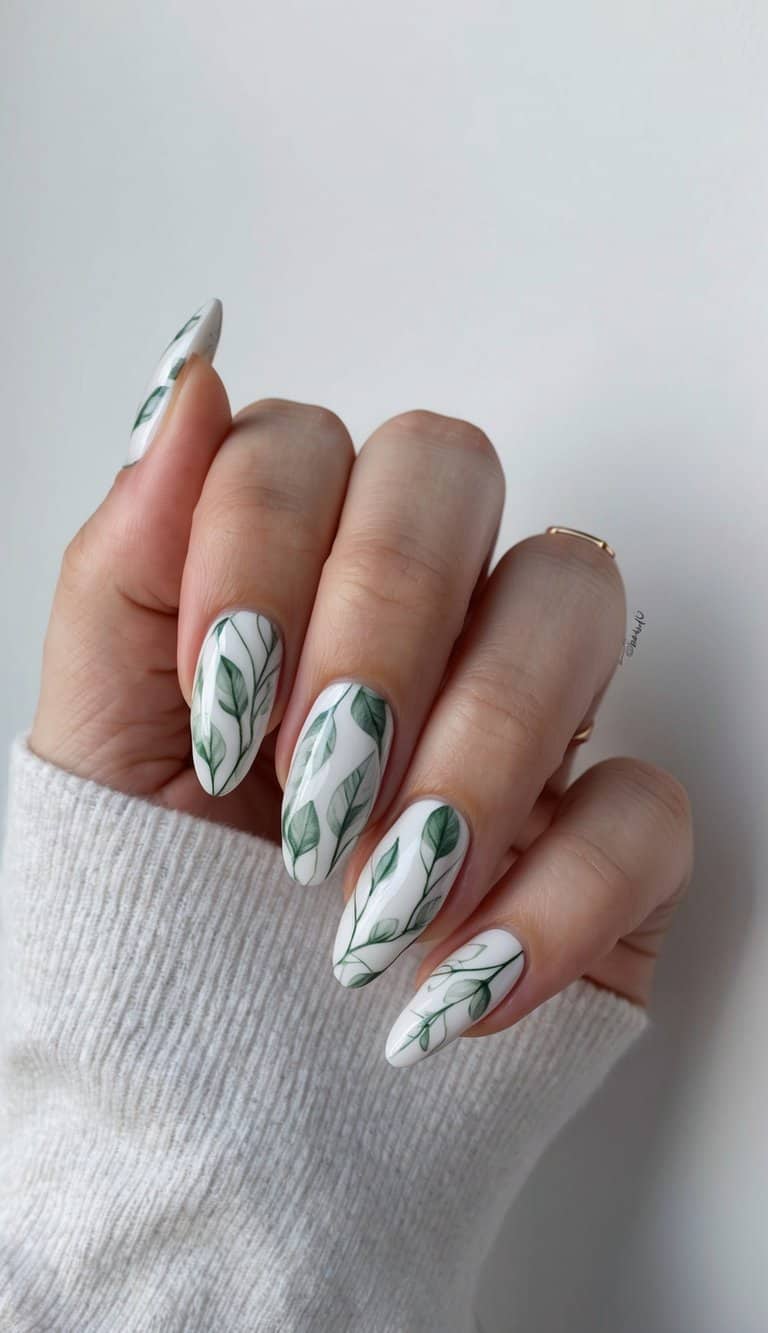Delicate leaf patterns intertwine in a chic nail art design
