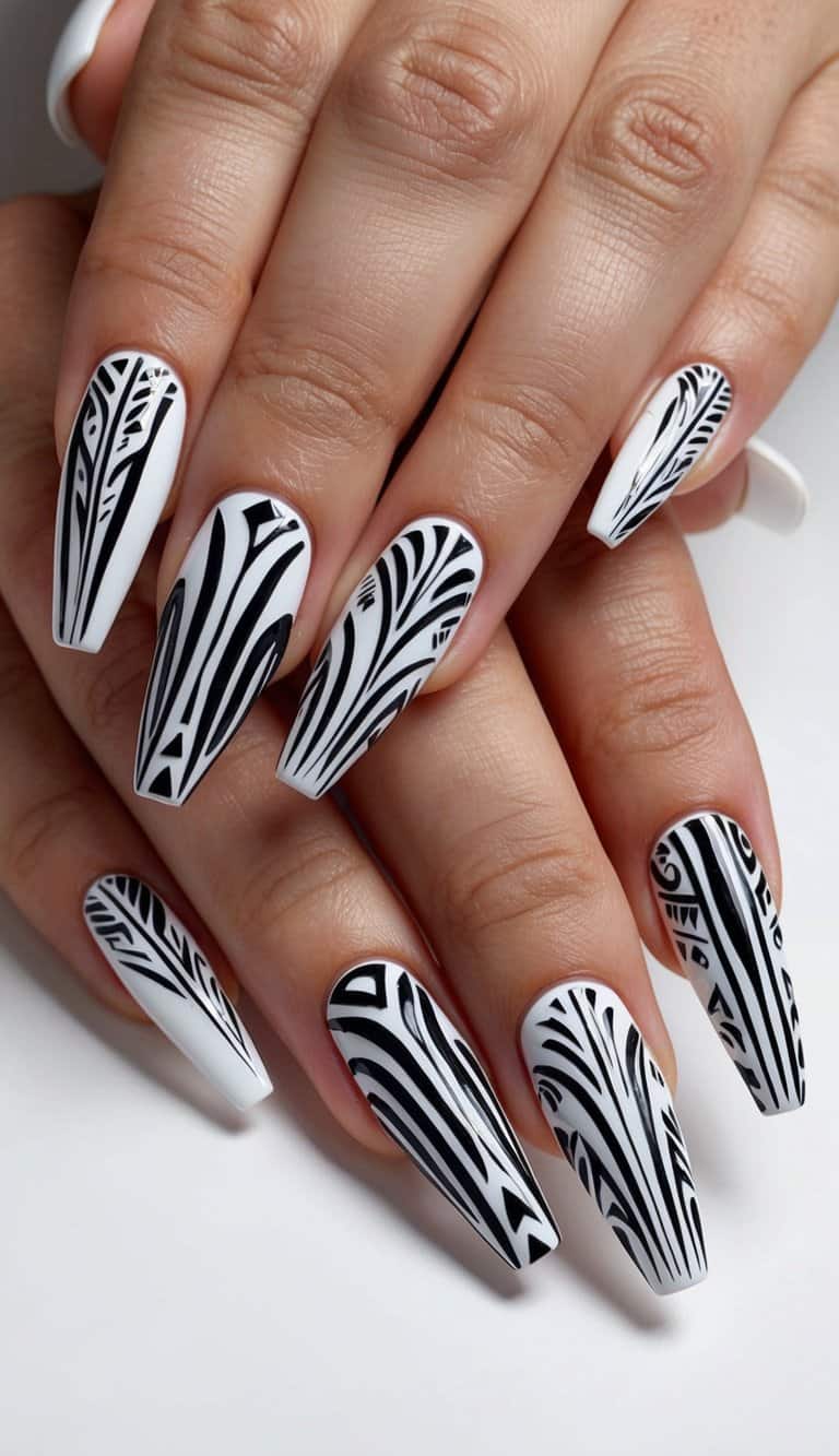 A close-up of tribal-inspired line art nail designs on various nail shapes and lengths