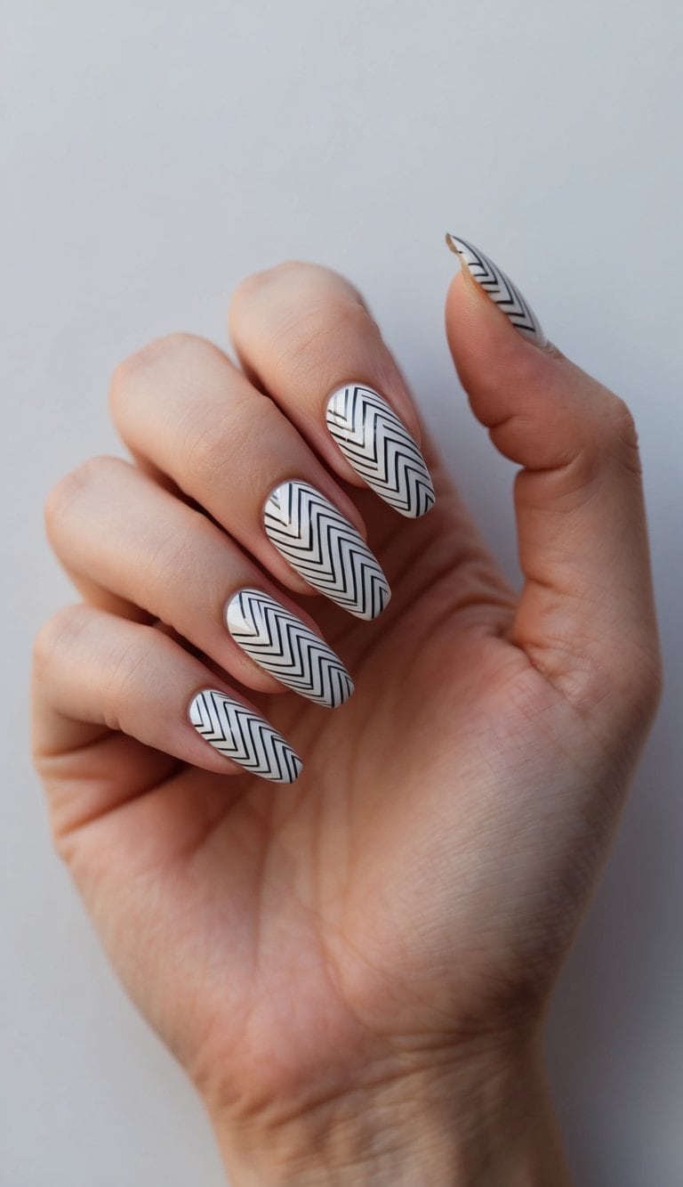 A hand with perfectly manicured nails showcasing a chic line art design with stretched chevron stripes