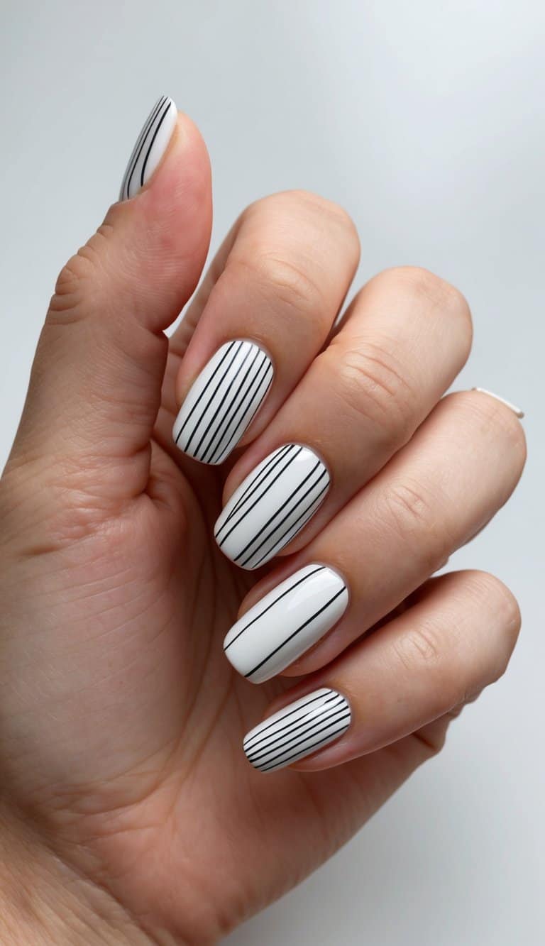 A hand with perfectly manicured nails, showcasing chic line art designs with fine lines
