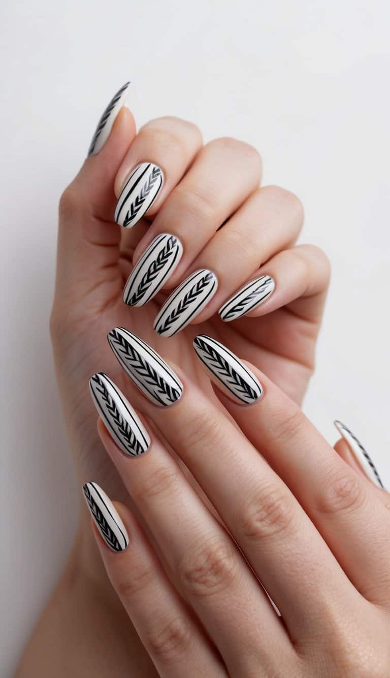 A close-up of elegant nail art designs with intricate, braided lines in black and white