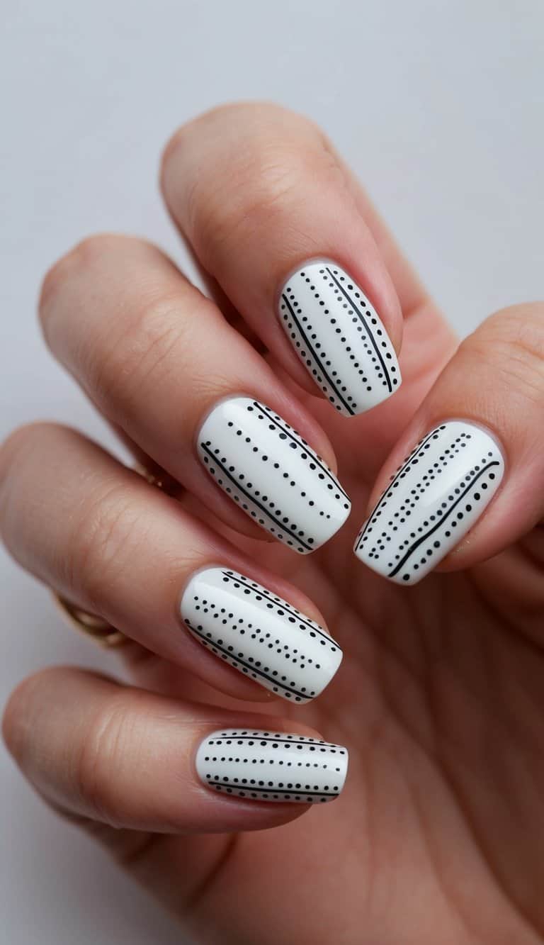 A close-up of nails with intricate dash-dot line art designs