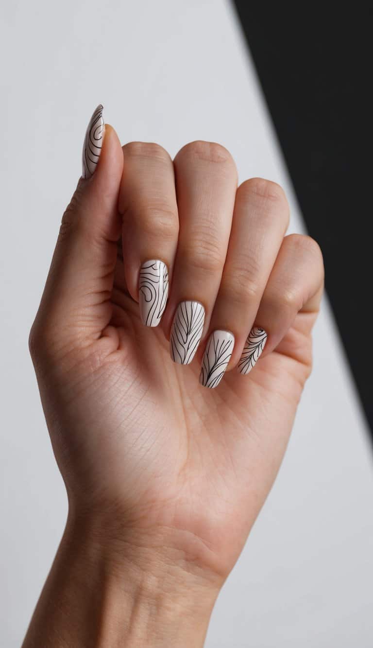 A hand with perfectly manicured nails displaying intricate line art designs against a dark background