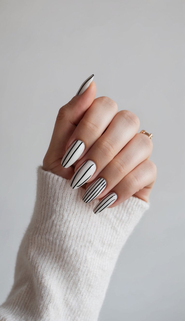 A collection of 50 sleek and modern line art nail designs displayed in a chic and minimalist setting