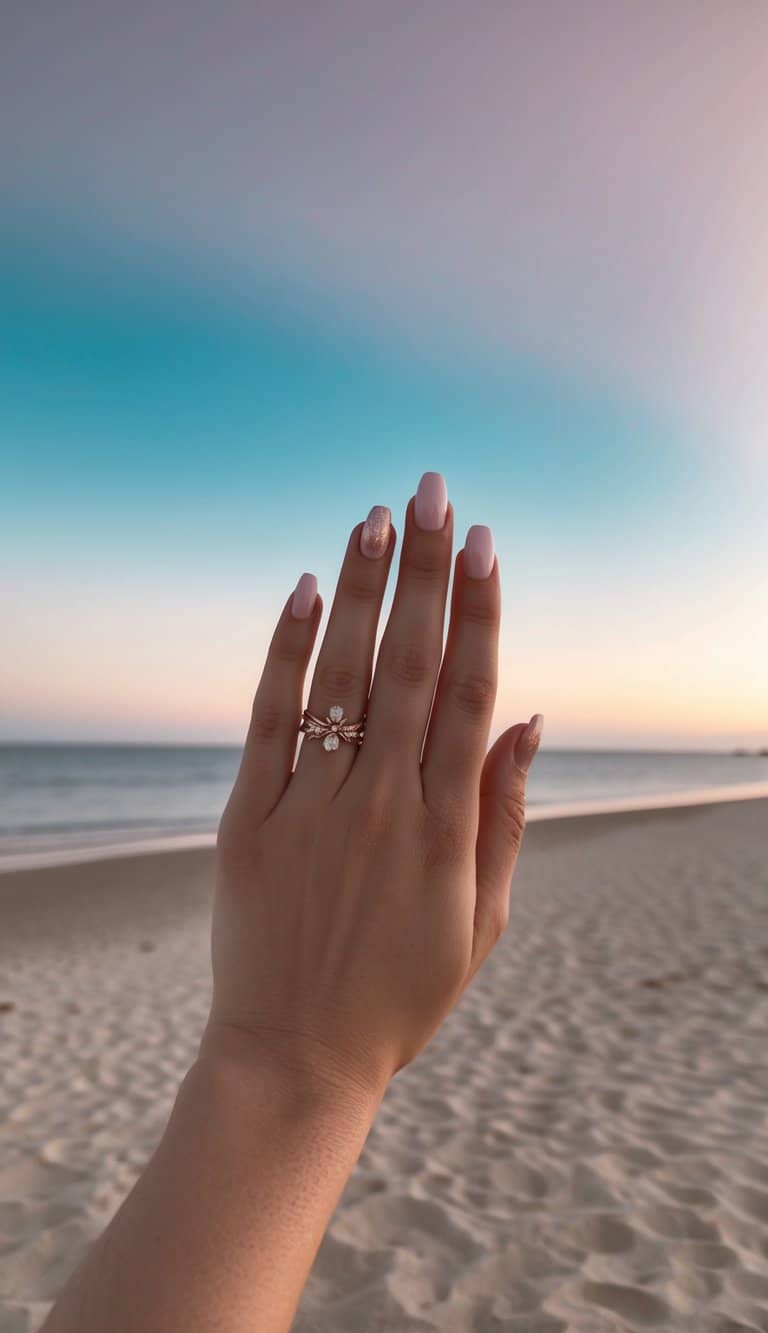 Soft pink nails and a single glittery accent nail set against a serene beach scene with a gradient ombre sky and sandy shores
