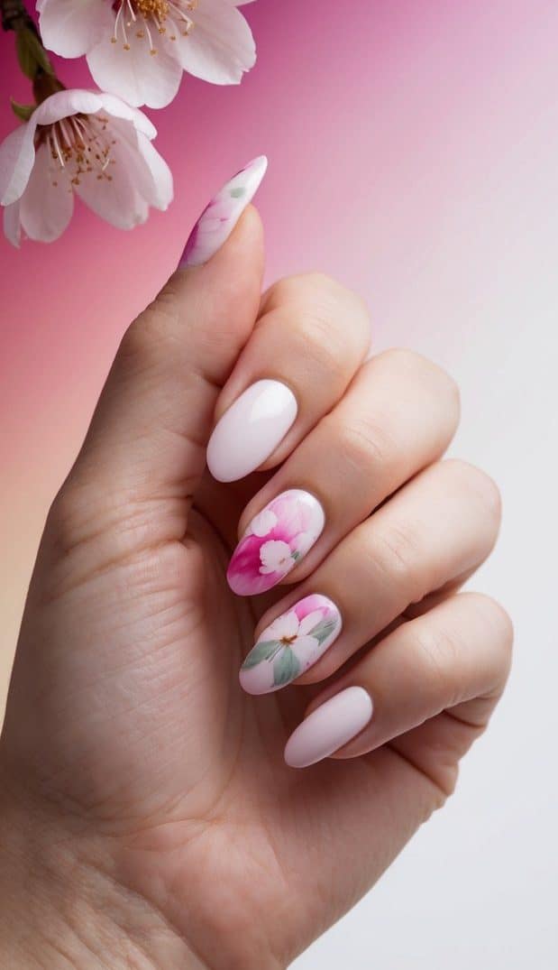 A close-up of cherry blossom petals fading into a gradient ombre background