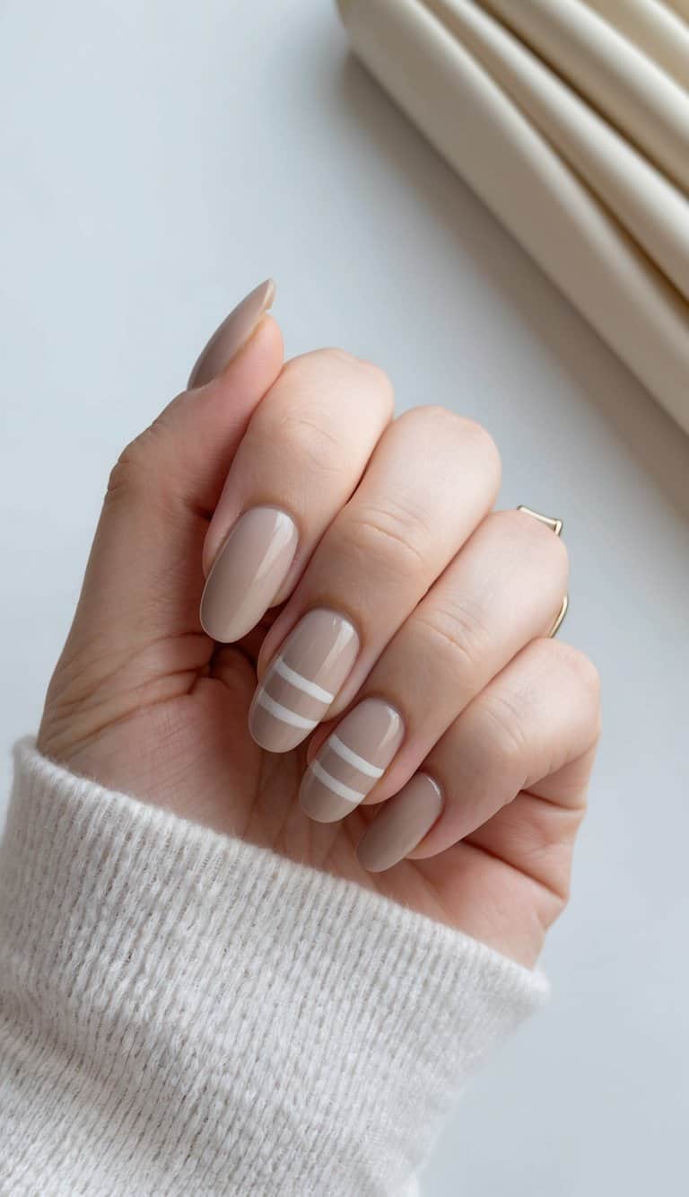 Pale stripes on neutral tone accent nails, with a soft and elegant aesthetic