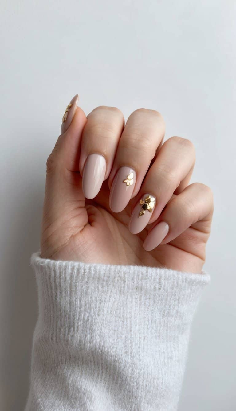 A delicate hand with neutral tone nails adorned with soft blush and gold accents