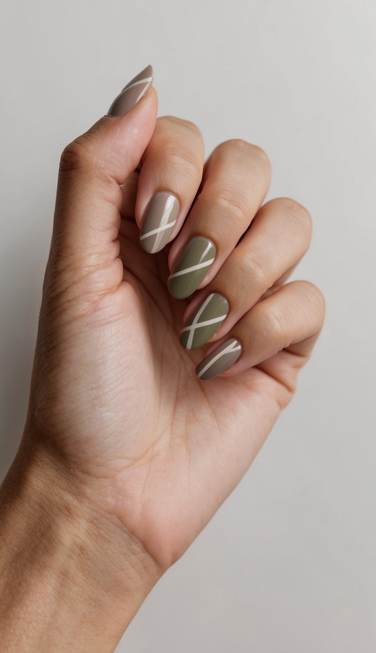 Taupe and olive diagonal lines nail art on neutral background