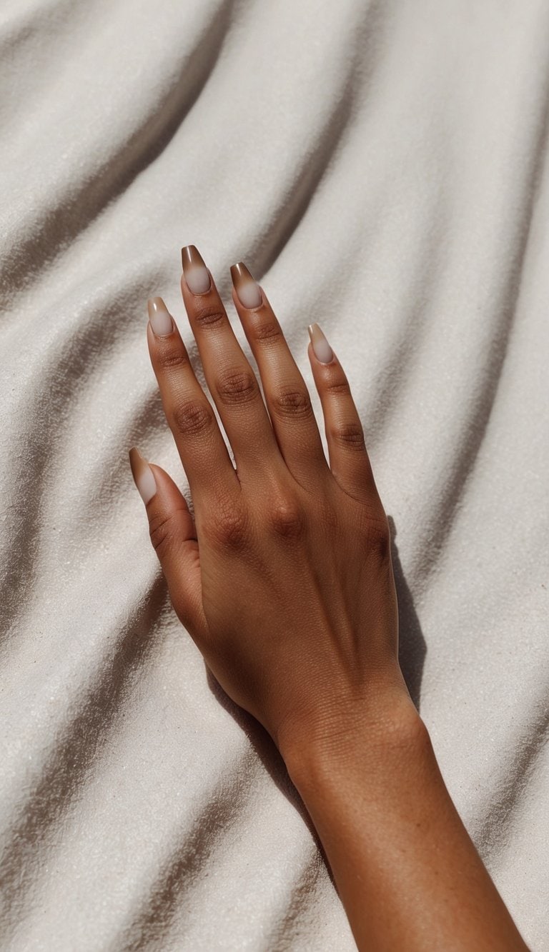 A hand with neutral tone gradient nails