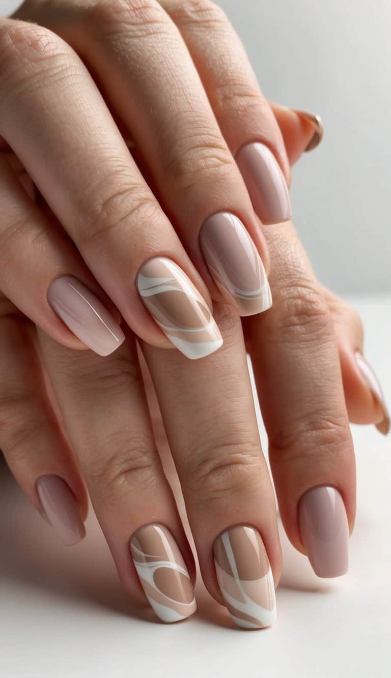 A delicate latte art-inspired smudge design in soft neutral tones on a set of elegant nails
