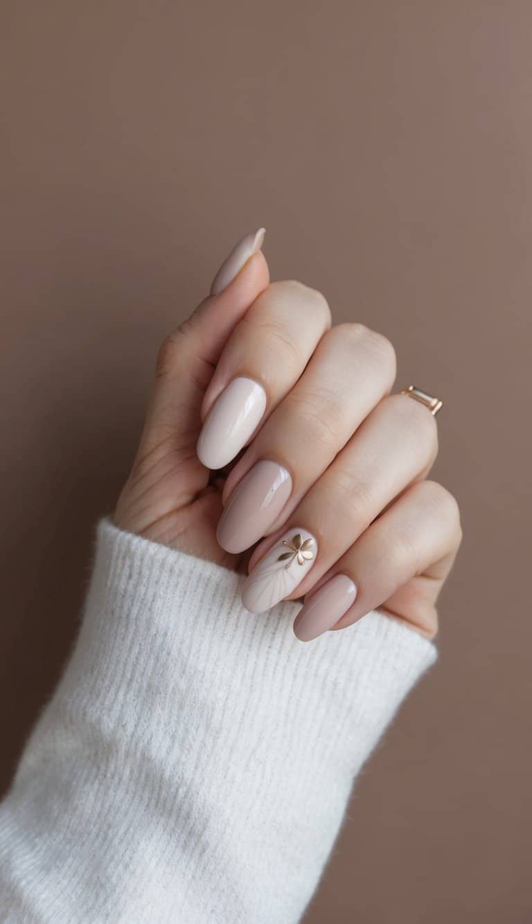 Soft, elegant neutral tone nail art on ash brown background with minimalist design