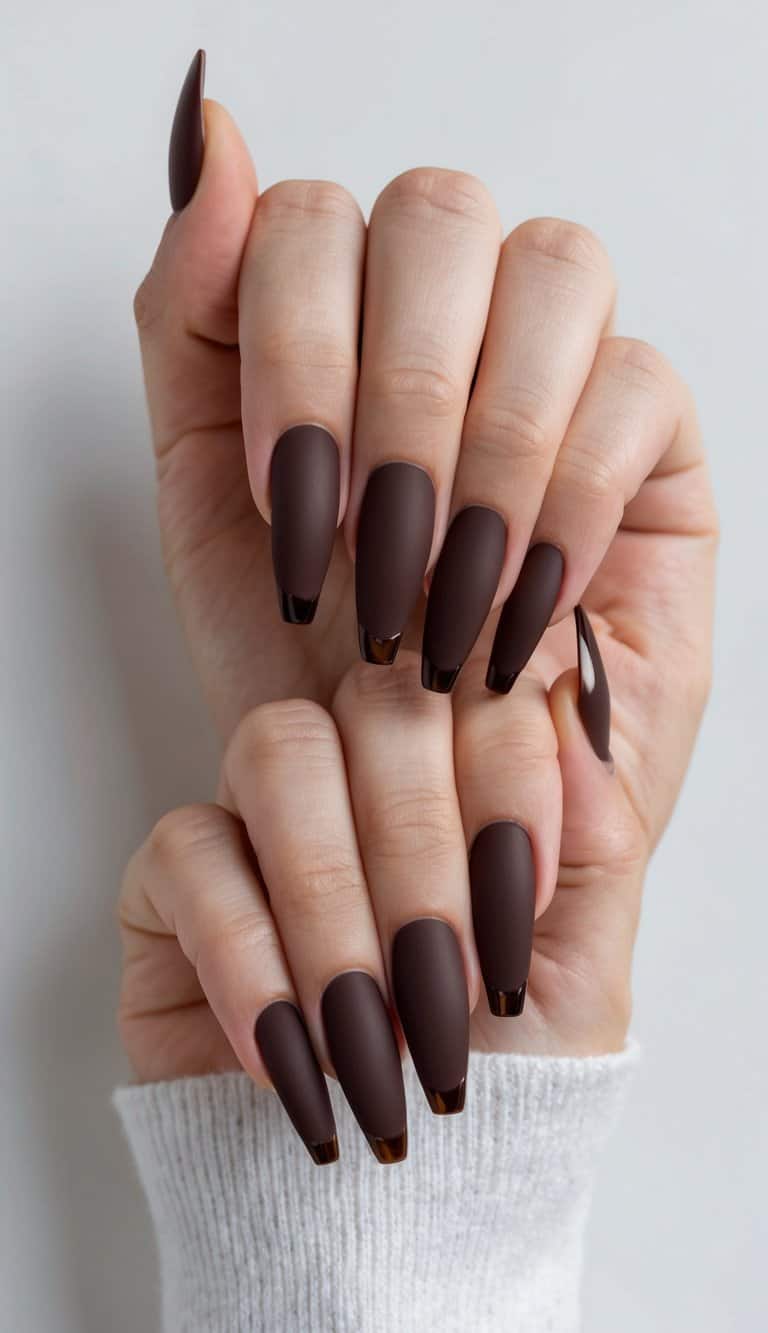 A set of 50 nails, each painted in a chocolate matte color with glossy tips, showcasing soft and elegant neutral tone nail art designs
