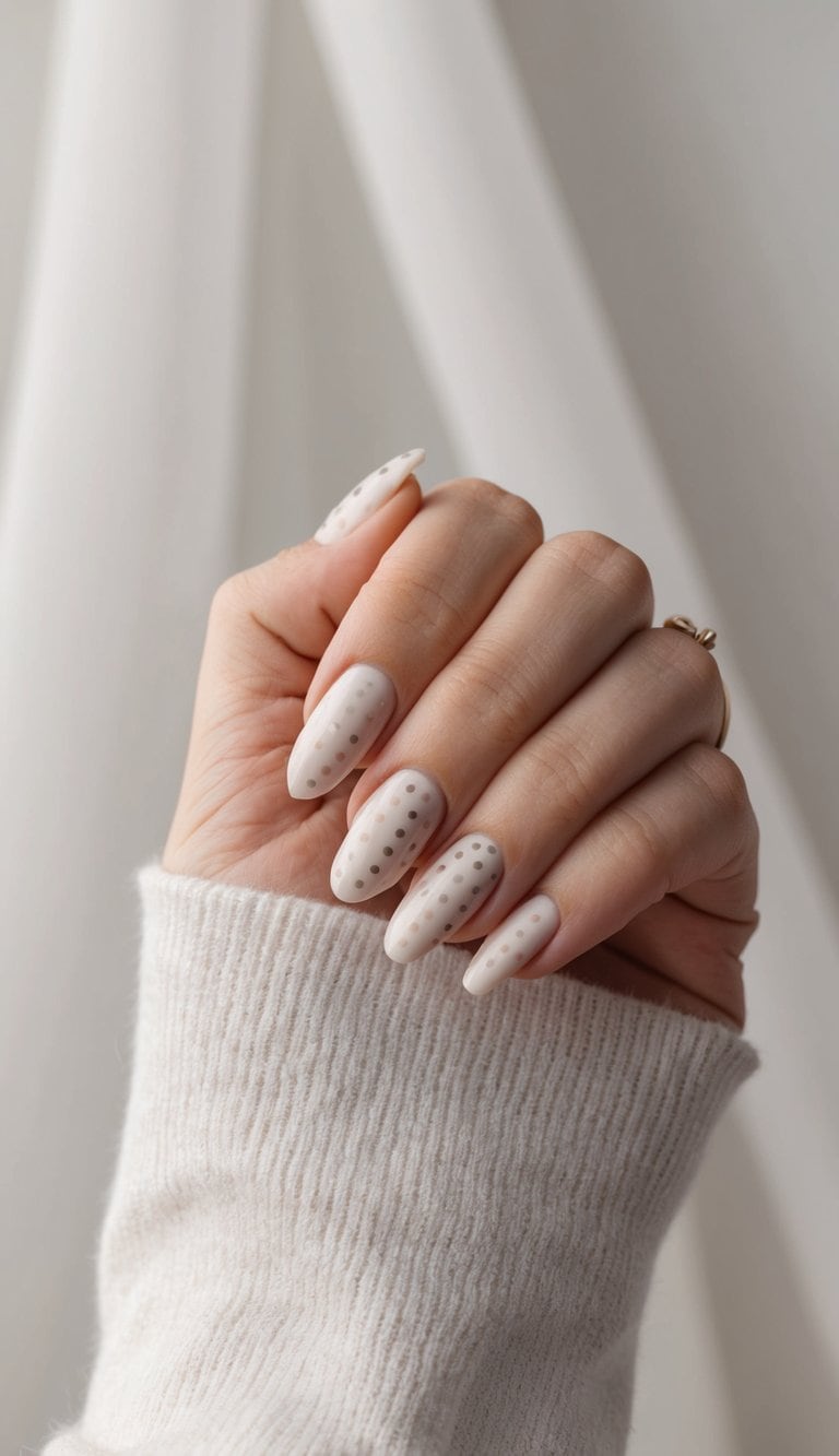 A hand with neutral tone gradient dots nail art against a soft, elegant background