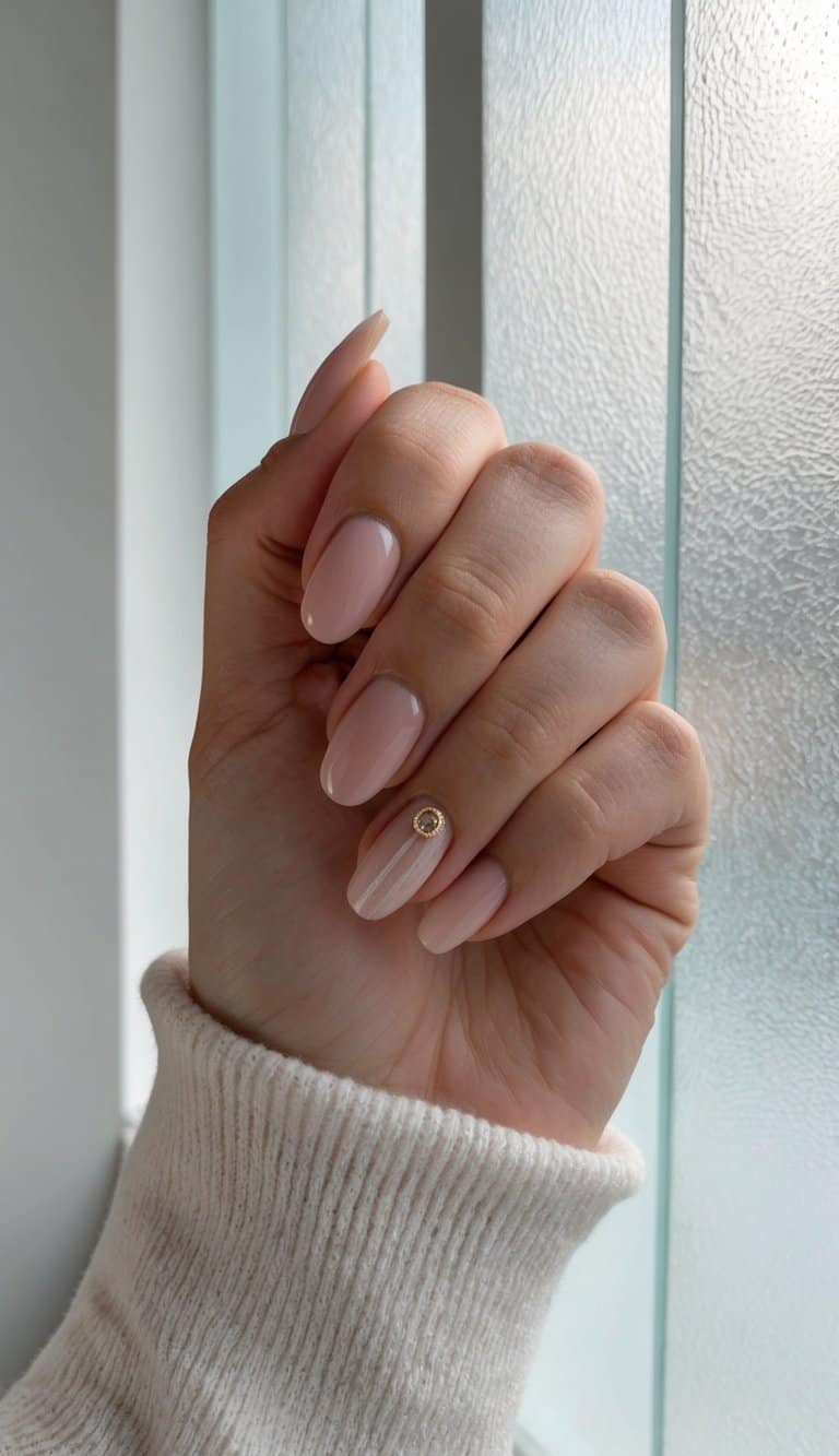 A hand with neutral tone nails against a frosted glass backdrop