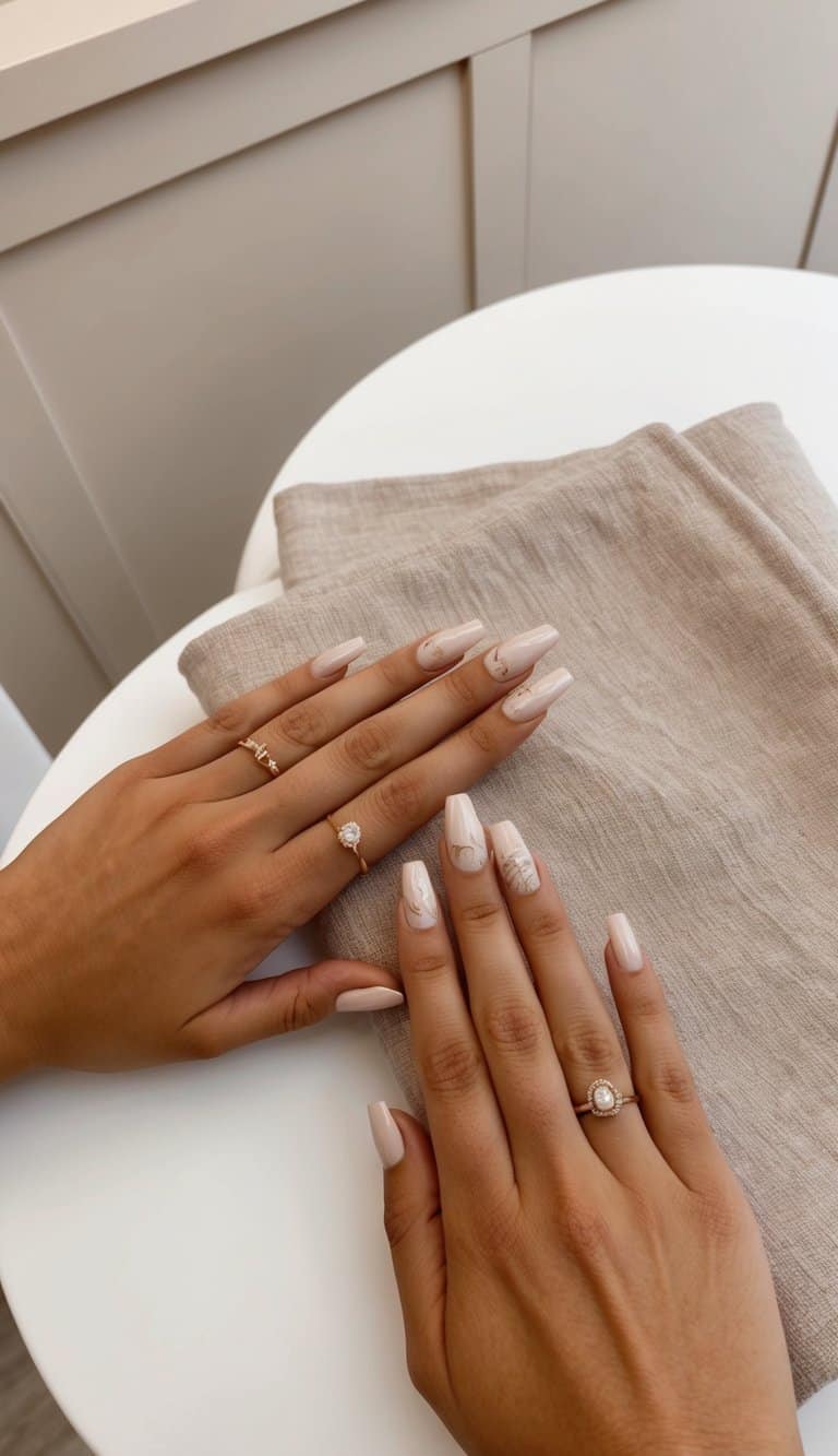 A serene, minimalist nail salon with warm, neutral tones. Tables adorned with elegant nail art designs in soft linen hues