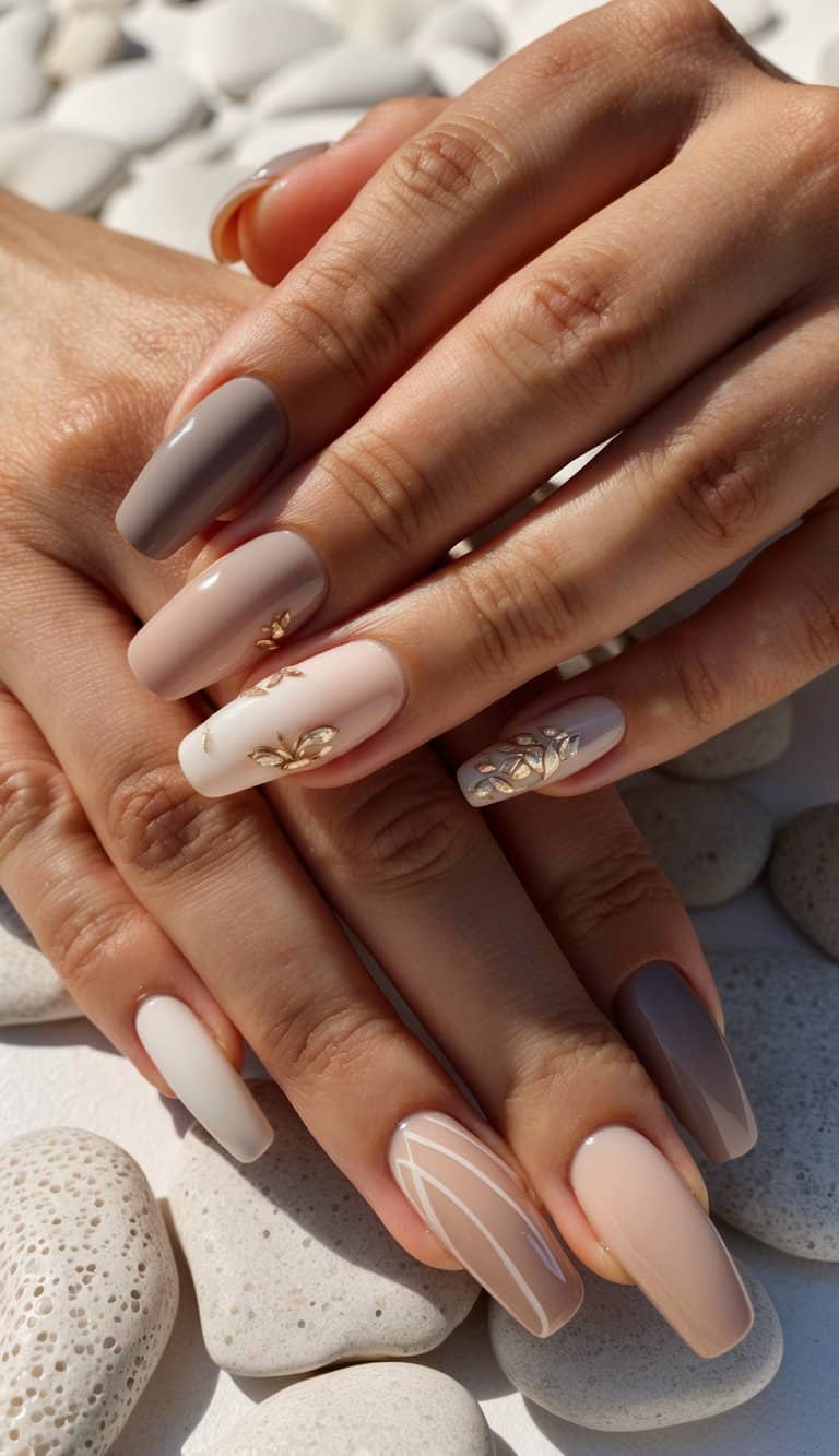 A collection of neutral tone nail art designs displayed on pebble-textured surfaces under soft sunlight
