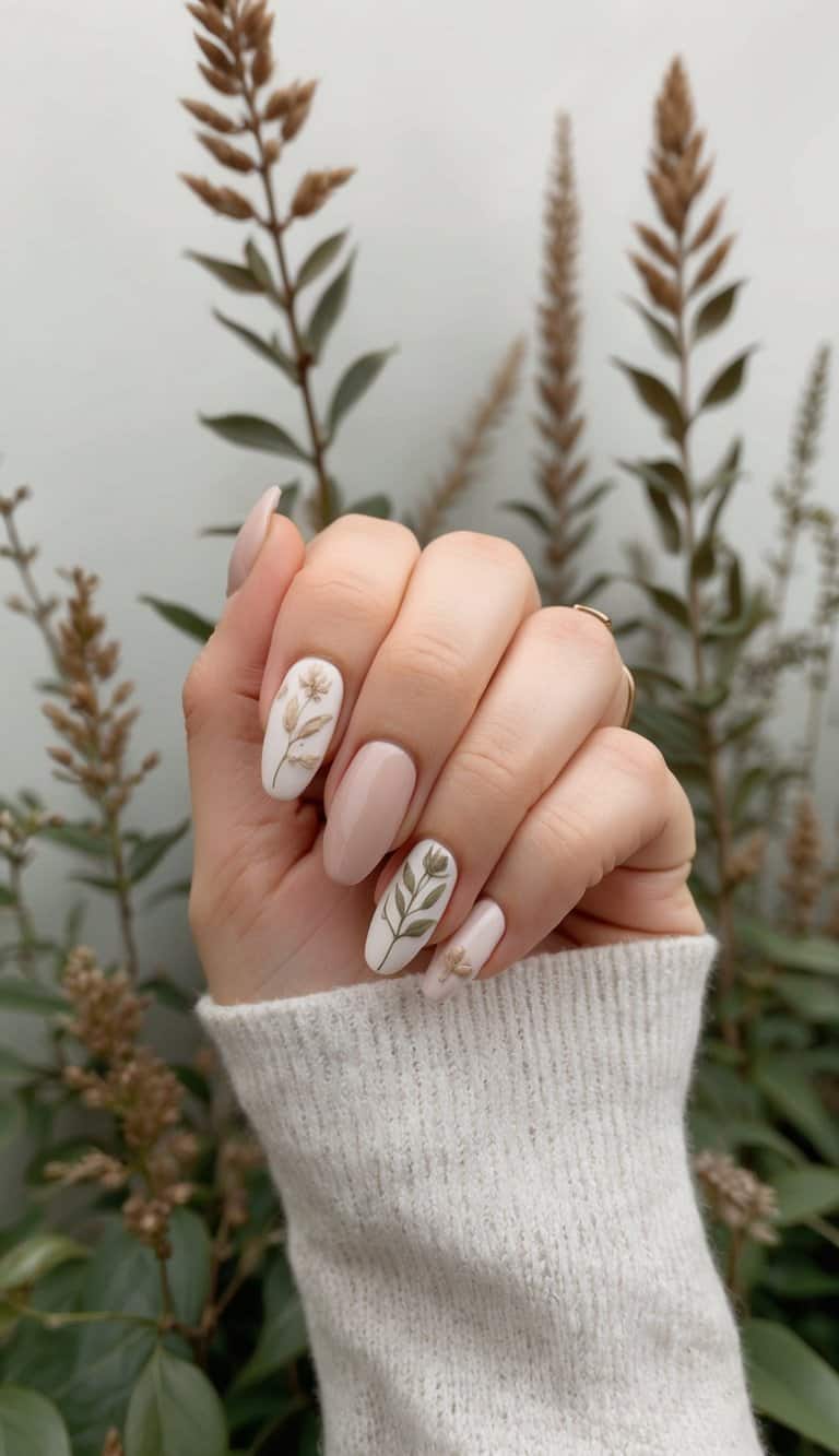 A serene botanical garden with delicate earthy tones and soft textures, featuring neutral tone nail art designs as the focal point