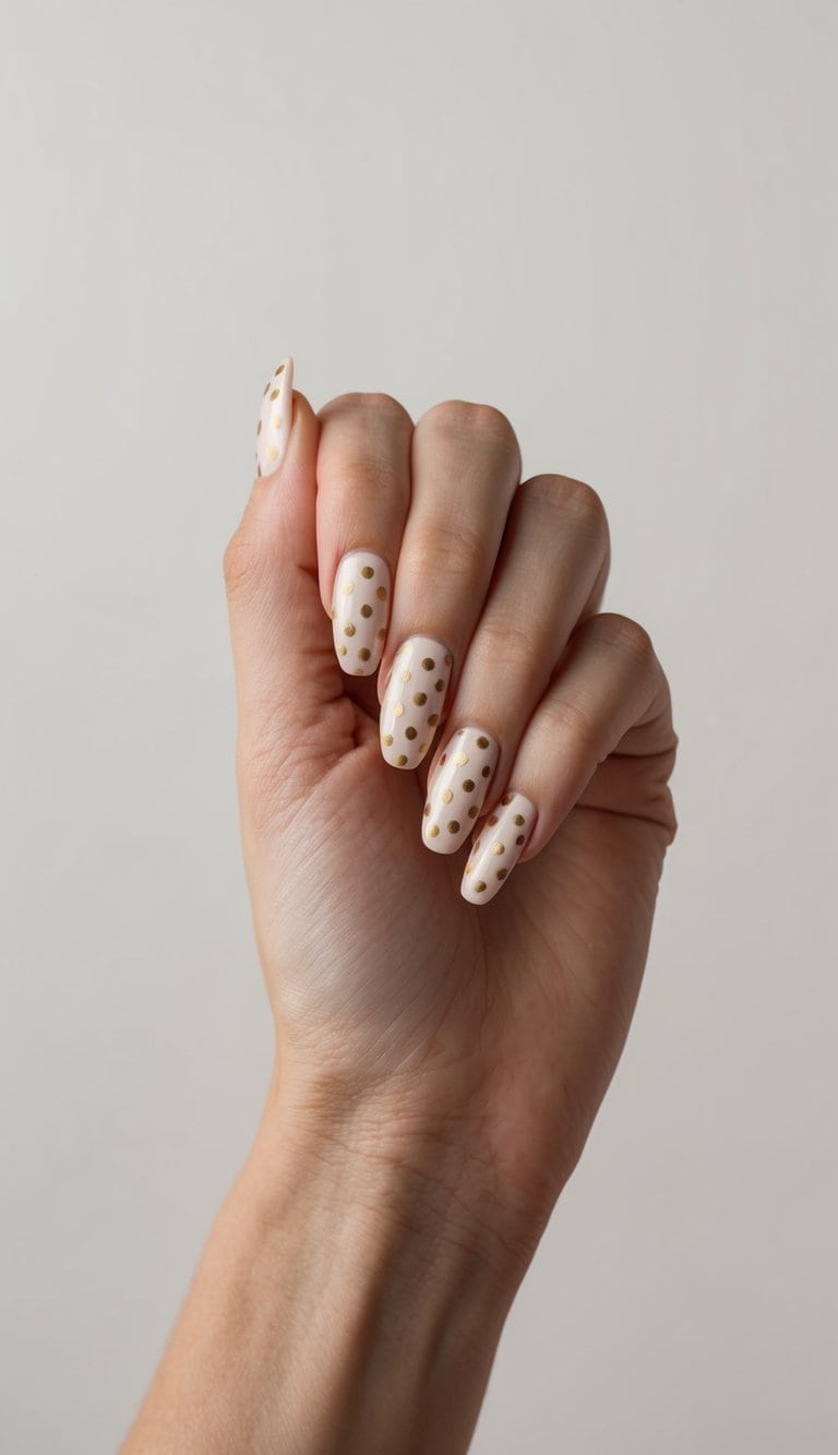 A hand model with vanilla and gold polka dot nails poses against a neutral background