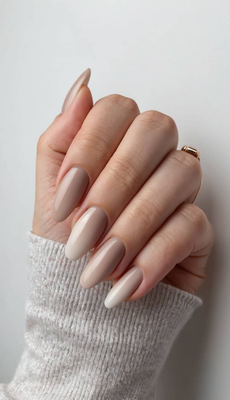 A hand with perfectly manicured neutral tone nails, showcasing a gradient of sandy ombre layers with a soft and elegant finish