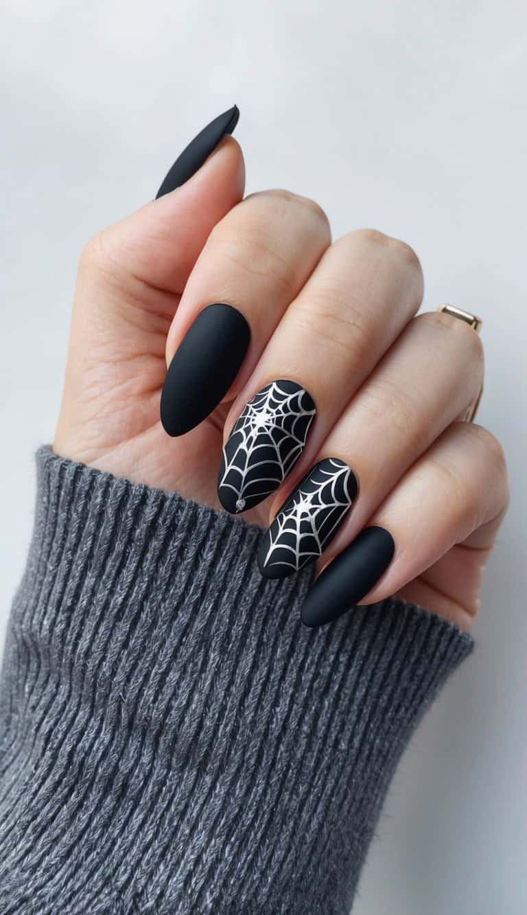 A spider web design on matte black nails, with intricate patterns and bold lines