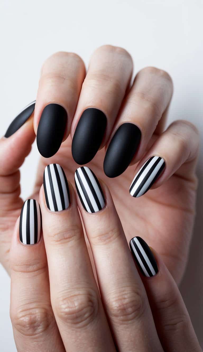 A close-up of matte black nails with bold and edgy black and white stripes