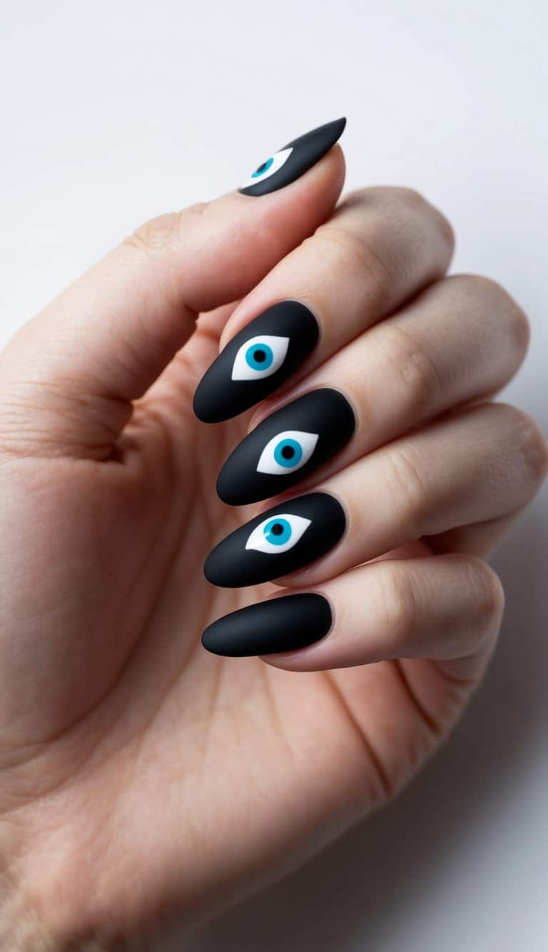 A close-up of matte black nails with evil eye motifs, arranged in a bold and edgy design