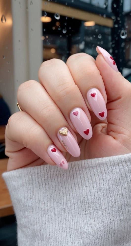 Glossy pink nails with hearts against a window with rain