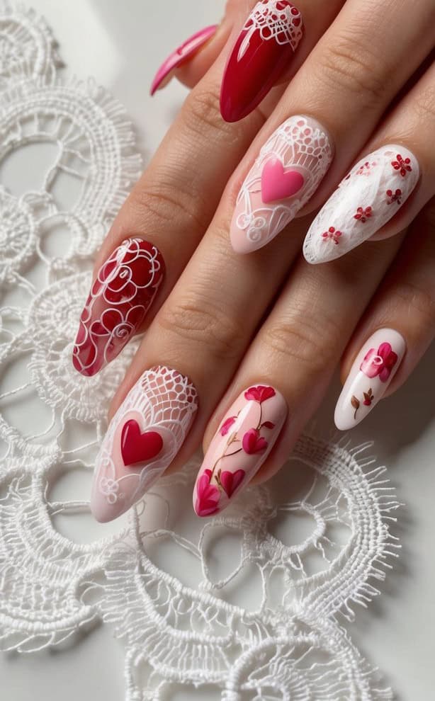 Intricate lace patterns pair beautifully with bold red hearts and delicate floral accents on blush-toned nails