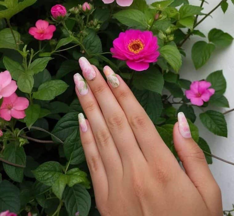 Pink nails in the shade of blooming pink flowers in various shades