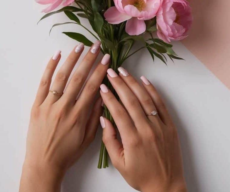 A bouquet of blooming pink flowers against a pastel background, with delicate green leaves and a touch of glitter