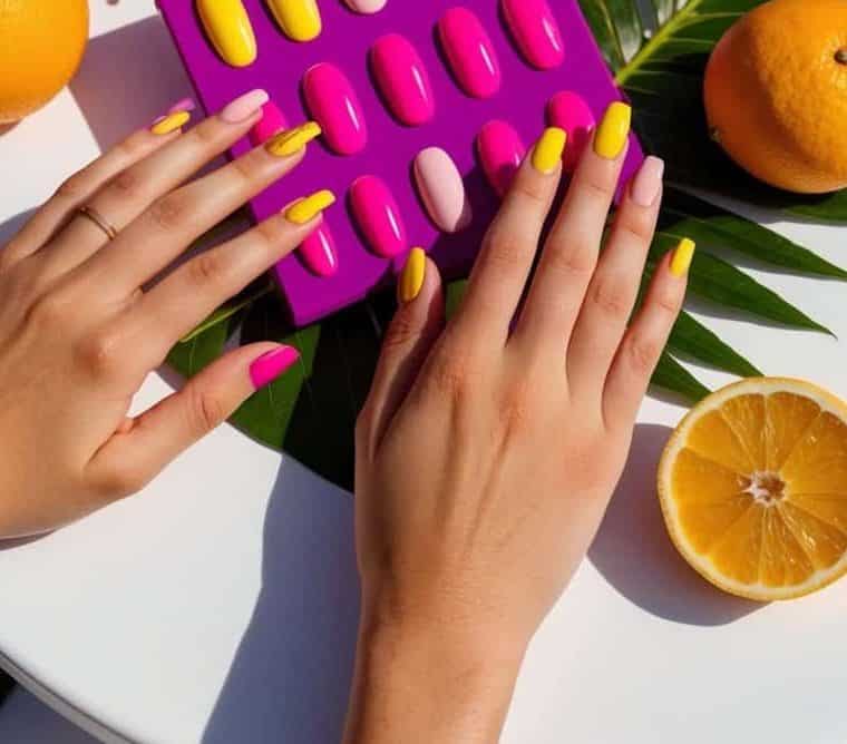 A vibrant pink and yellow nail art palette displayed on a sunlit, outdoor table with tropical flowers and citrus fruits scattered around