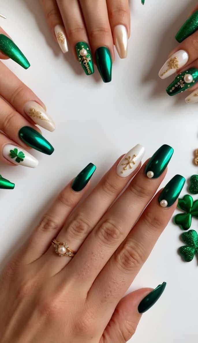 A table adorned with 50 elegant St. Patrick's Day nail art designs, featuring festive green and gold colors with pearl finish