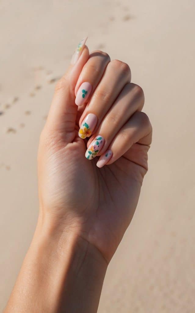 A beach-inspired manicure with soft nude nails adorned with yellow florals and green leaves